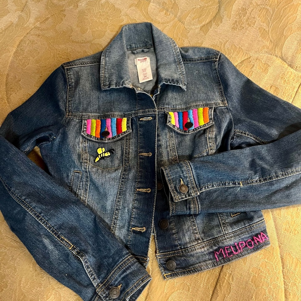 Moschino Blue Jean Jacket with Colorful Embroidery